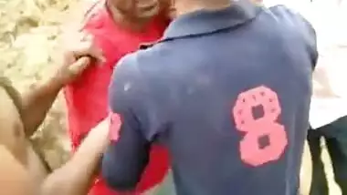 Small college girl caugt by three guys and they suck and kiss