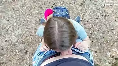 POV Amateur brunette gives sensual blowjob in the forest & cum in her throat
